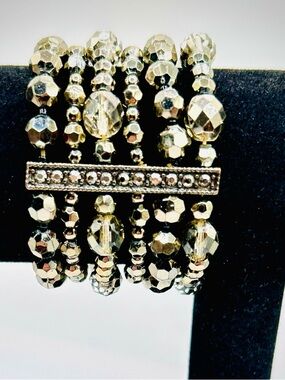 Chunky 6-strand iridescent beaded stretchy statement bracelet Marcasite accents